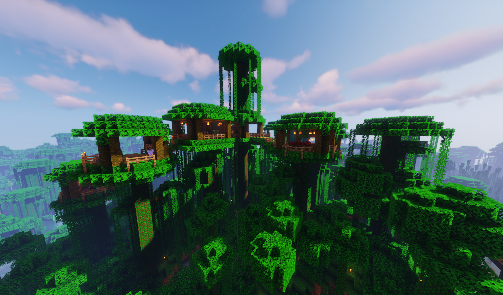 A treehouse in Minecraft made up of multiple rooms set on the tops of jungle trees.